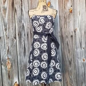 Strapless Sun Dress WHBM Size 6 Floral Dot Black Tan White Belt ALine Fit Flare